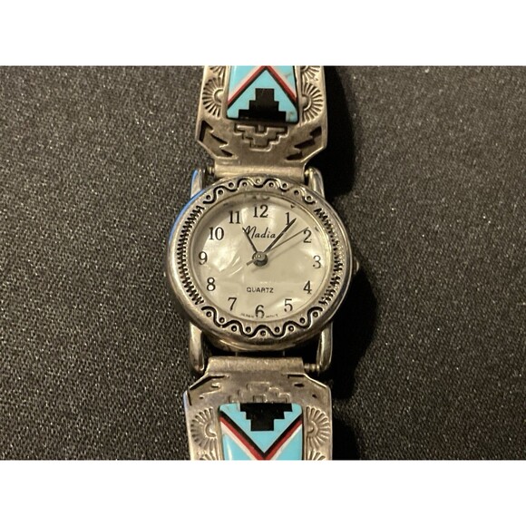 Vintage Sterling Turquoise MOP Face Nadia Artist Signed Native Wrist Watch - Picture 3 of 8